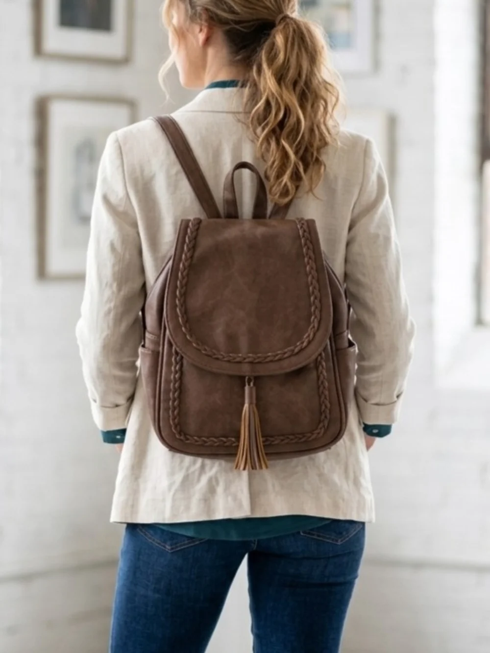 Brown Braided Tassel Backpack - Women's Casual Leather-Style Bag